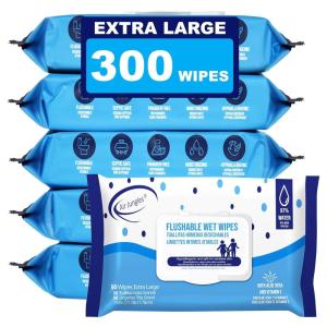 imageAir Jungles Flushable Wipes 6 Pack 300 Wipes Extra Large 7quotx7quot Gentle Cleansing Adult Wet Wipes Fresh Scent Moisturizing with Aloe Vera ampamp Vitamin E50 Count Pack of 6